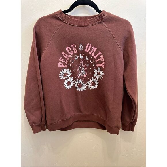 Volcom Brown Crewneck Sweater Peace Unity White Daisy Sweater Size XL 14/16 - Picture 2 of 4